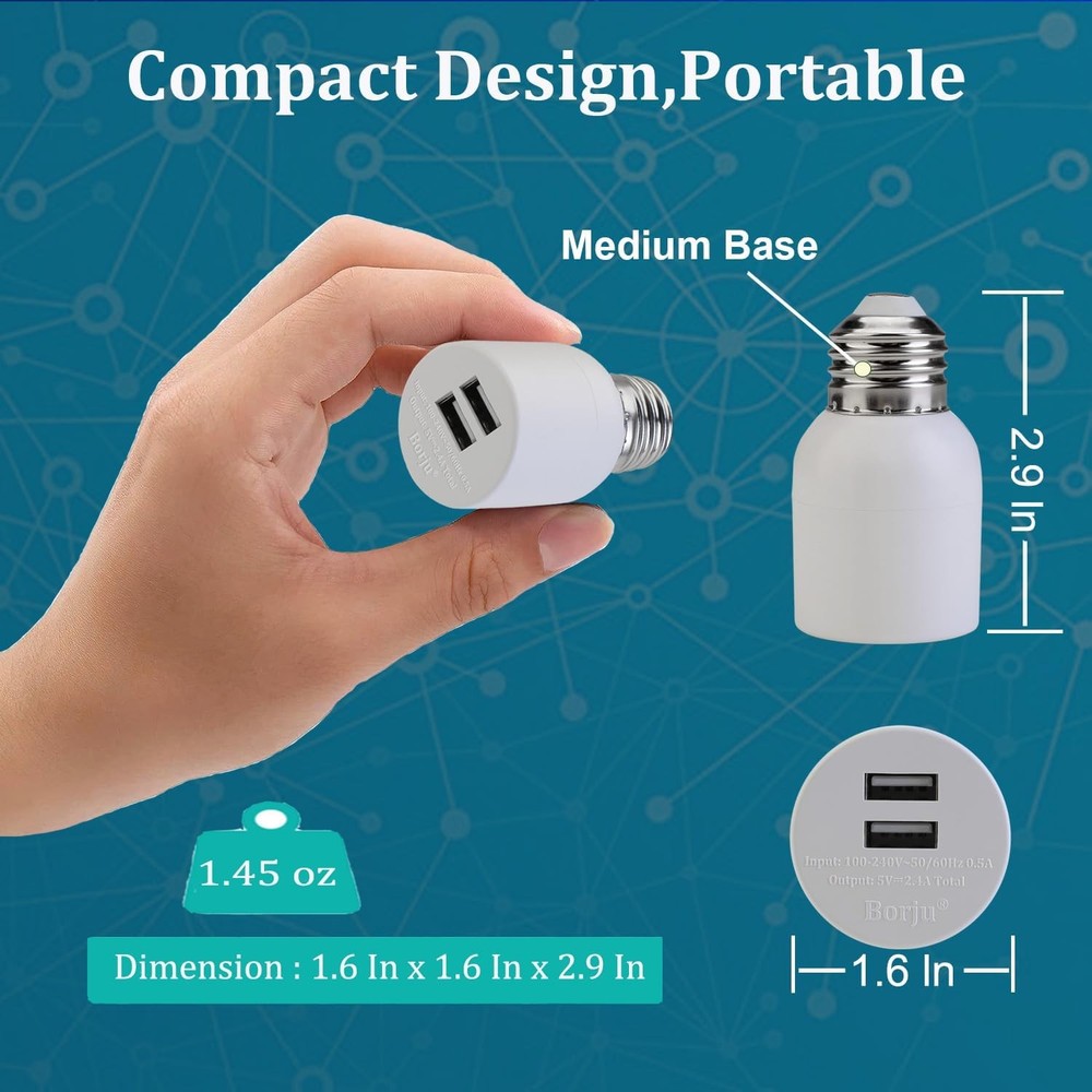 Borju Light Socket USB Adapter for Decorative Lights,Lighting,Security White