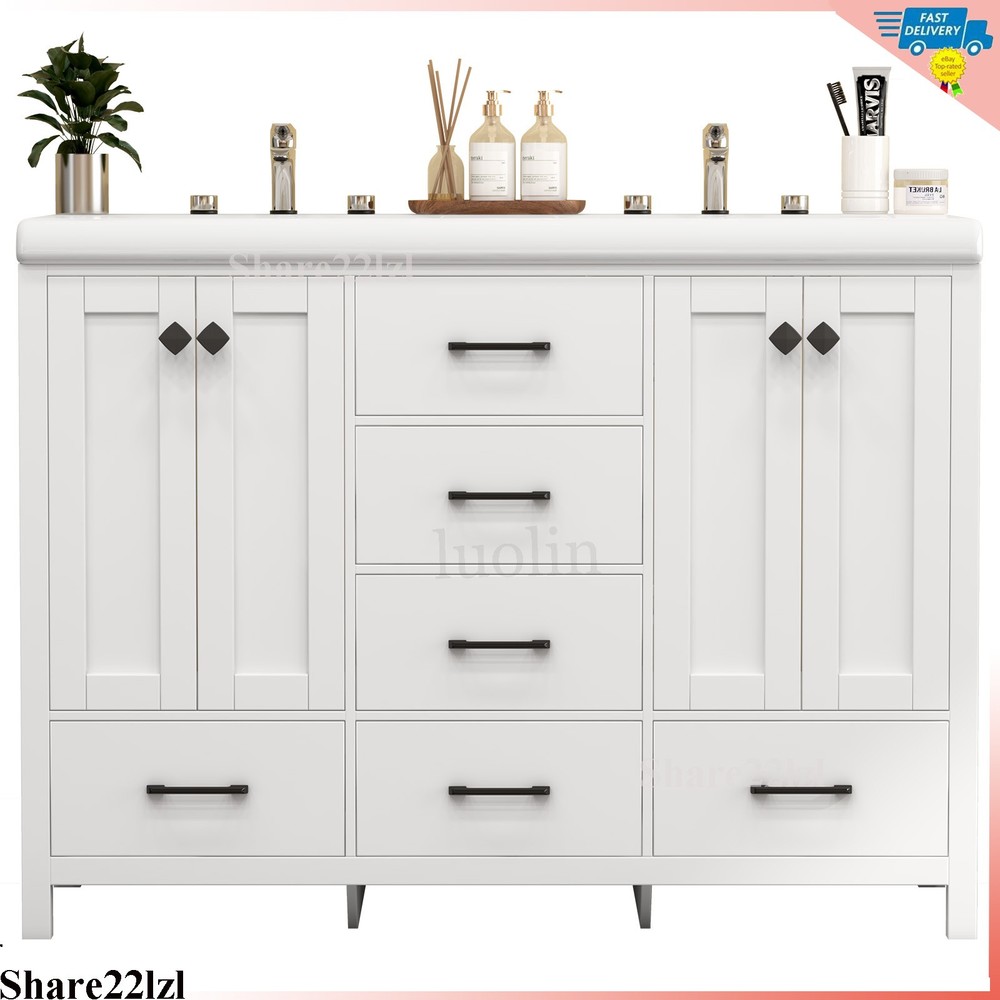 47" Bathroom Vanity Storage Cabinet with Double Ceramic Sink White Freestanding
