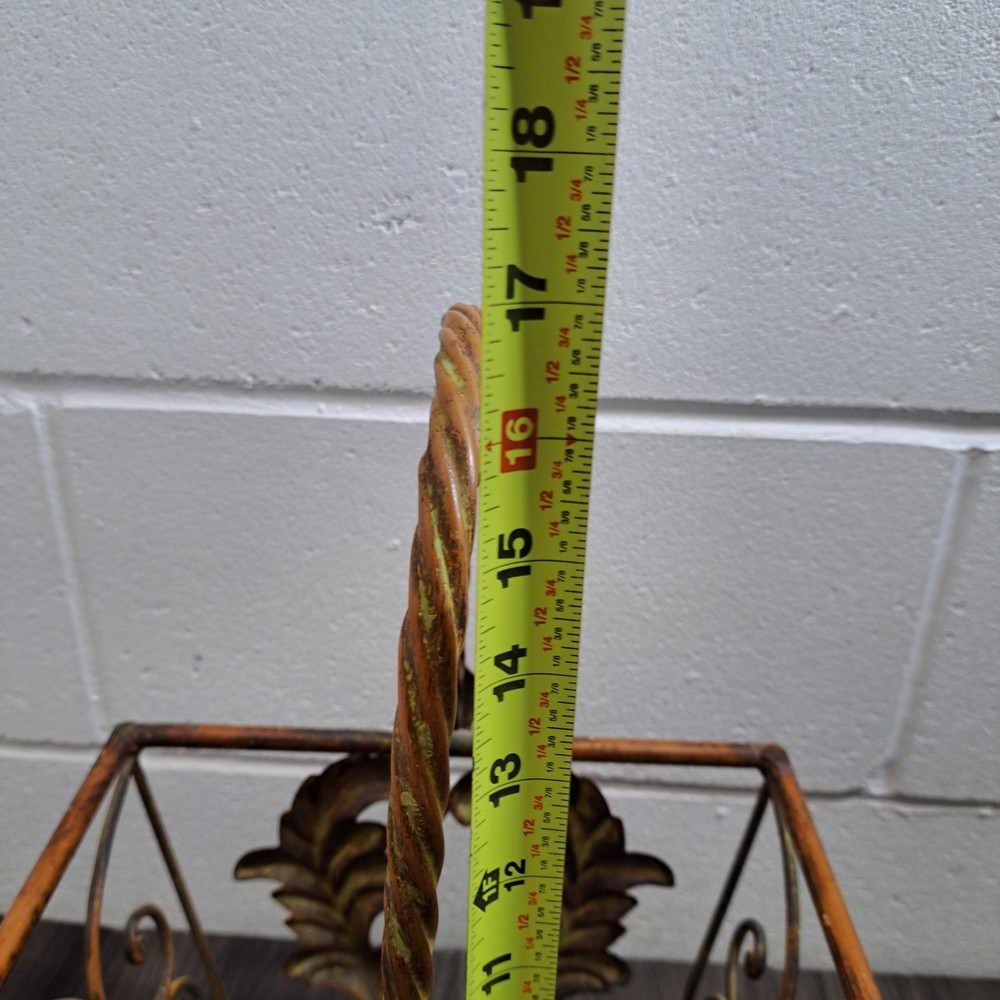 Vintage Copper Metal Basket Distressed Leaf Scroll Handle Planter Decor