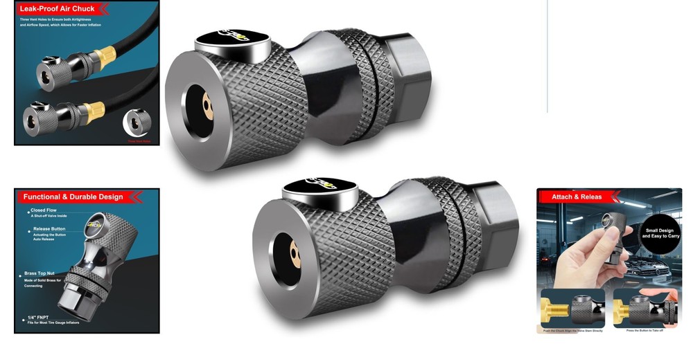 Locking Air Chucks with Close Flow Design - Compatible & Durable, 2 Pack