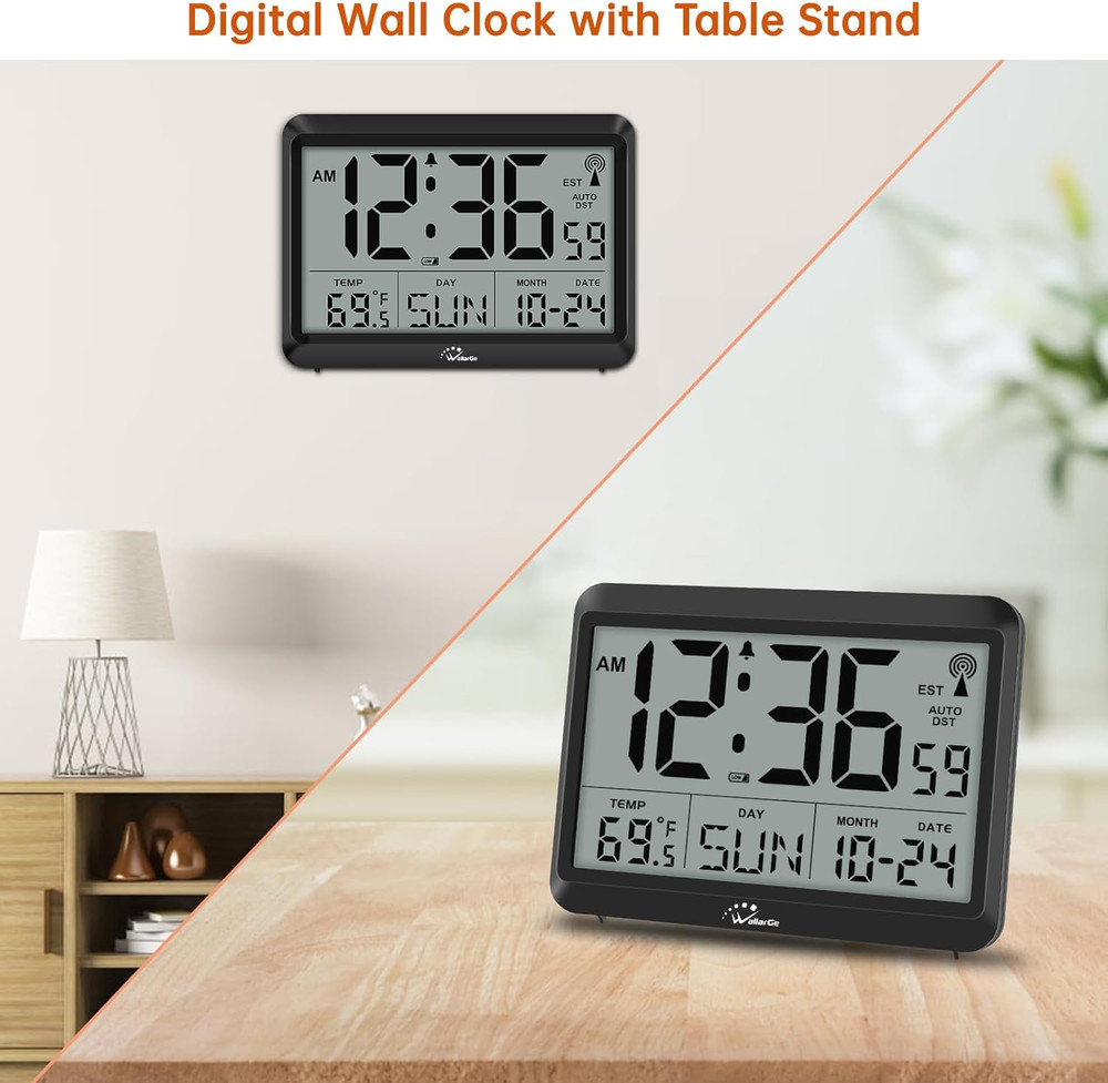 Atomic Digital Wall Clock Battery Operated, Self-Setting, Large Display with Tem