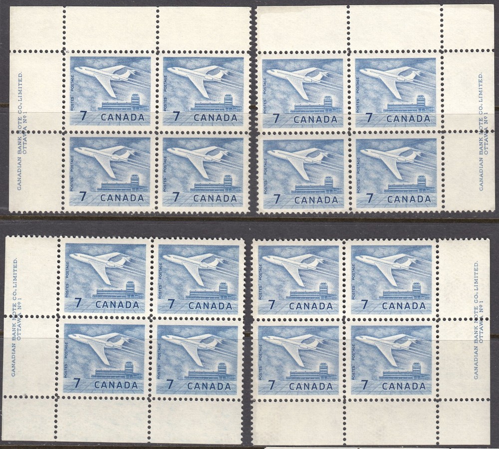 Canada: #414 7c Jet Plane M/S Plate Blocks Pl.1 Mint NH
