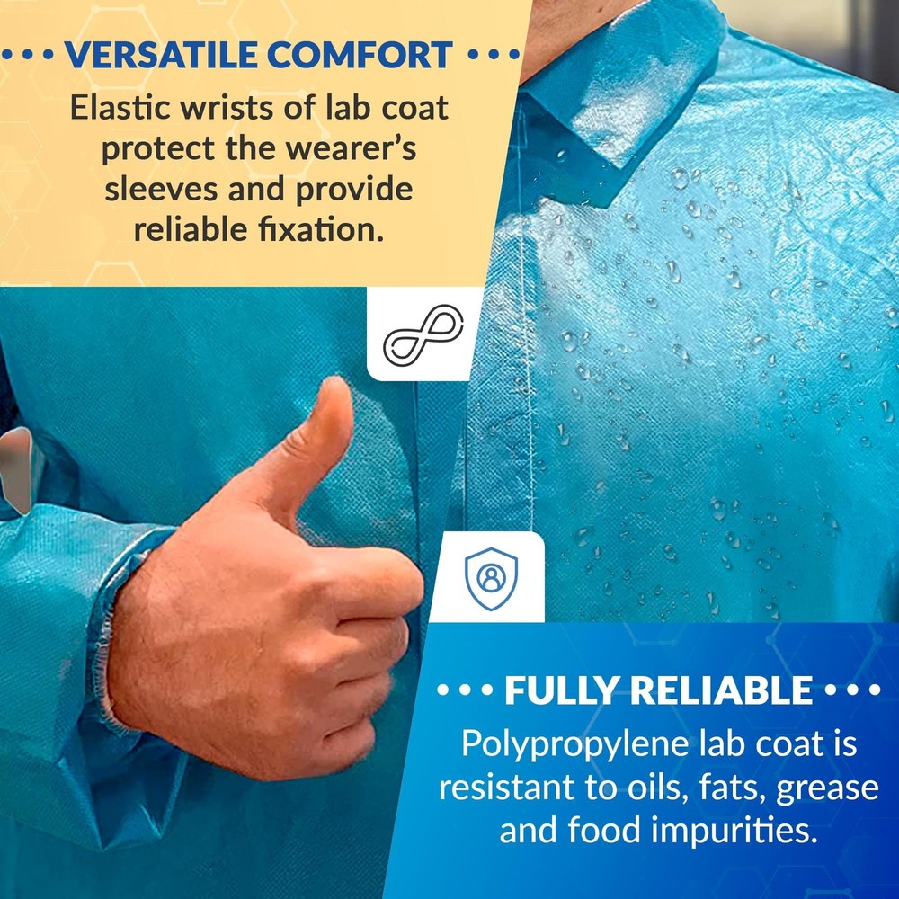 50-Pack XL Blue Disposable Lab Coats, Polypropylene with Hook & Loop