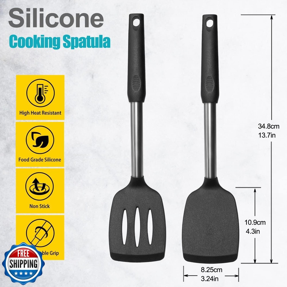 2 Pack Spatulas, Solid and Slotted Silicone Spatula Set, Stainles