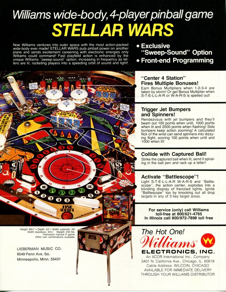 Stellar Wars Williams Pinball Flyer / Brochure/ Ad