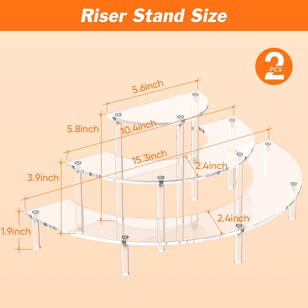Acrylic Display Risers 3 Tier Half Moon Clear 2 Pack Perfume Organizer