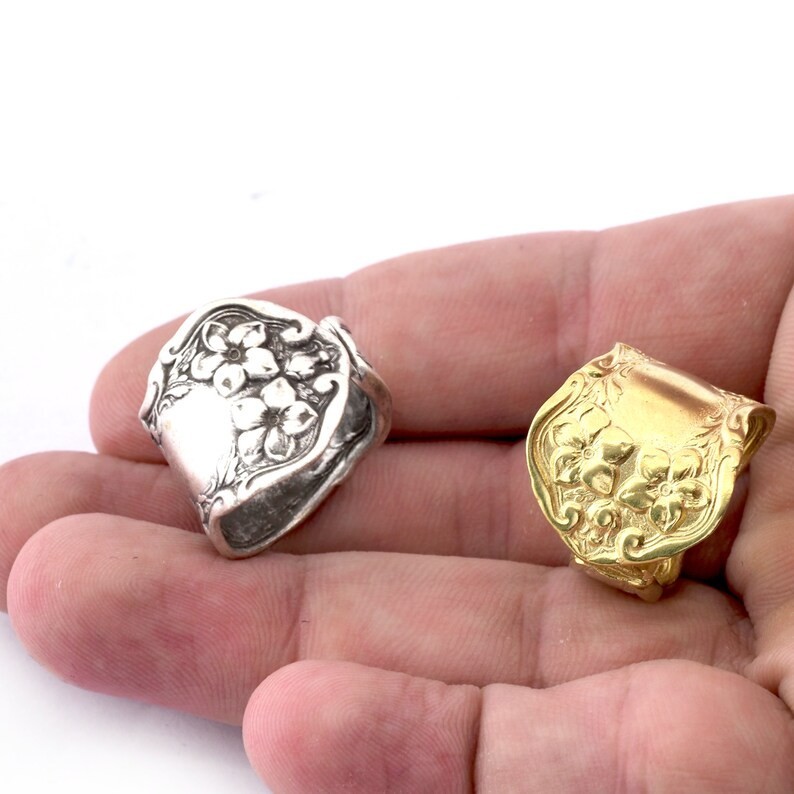 Spoon Ring Flower Patterned Adjustable Raw Brass-Antique Silver Plated 4053