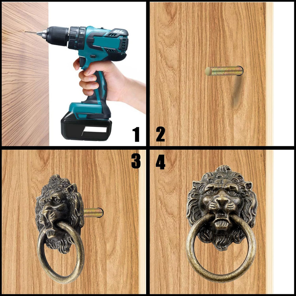 6 Pcs Lion Head Knobs Pull, Antique Bronze Ring Handles for Dresser Drawers