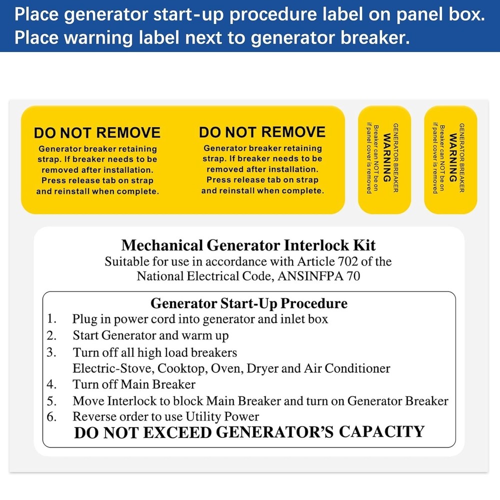 Generator Interlock for Thomas & Betts, Challenger, Westinghouse 150 or 200 A...