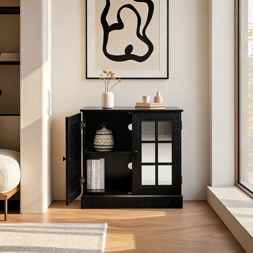 Storage sideboard cabinet with 2 decorative acrylic mirrored doors, adjustable