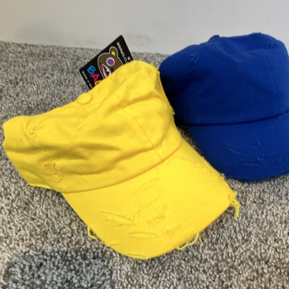 Adjustable Distressed Yellow Blue Cotton Canvas Baseball Cap