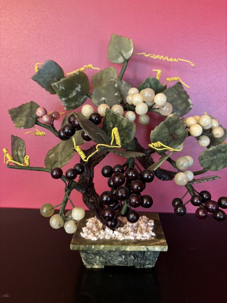 Oriental Jade Stone Bonsai Sculpture Tree  W/ Grape Clusters 11”