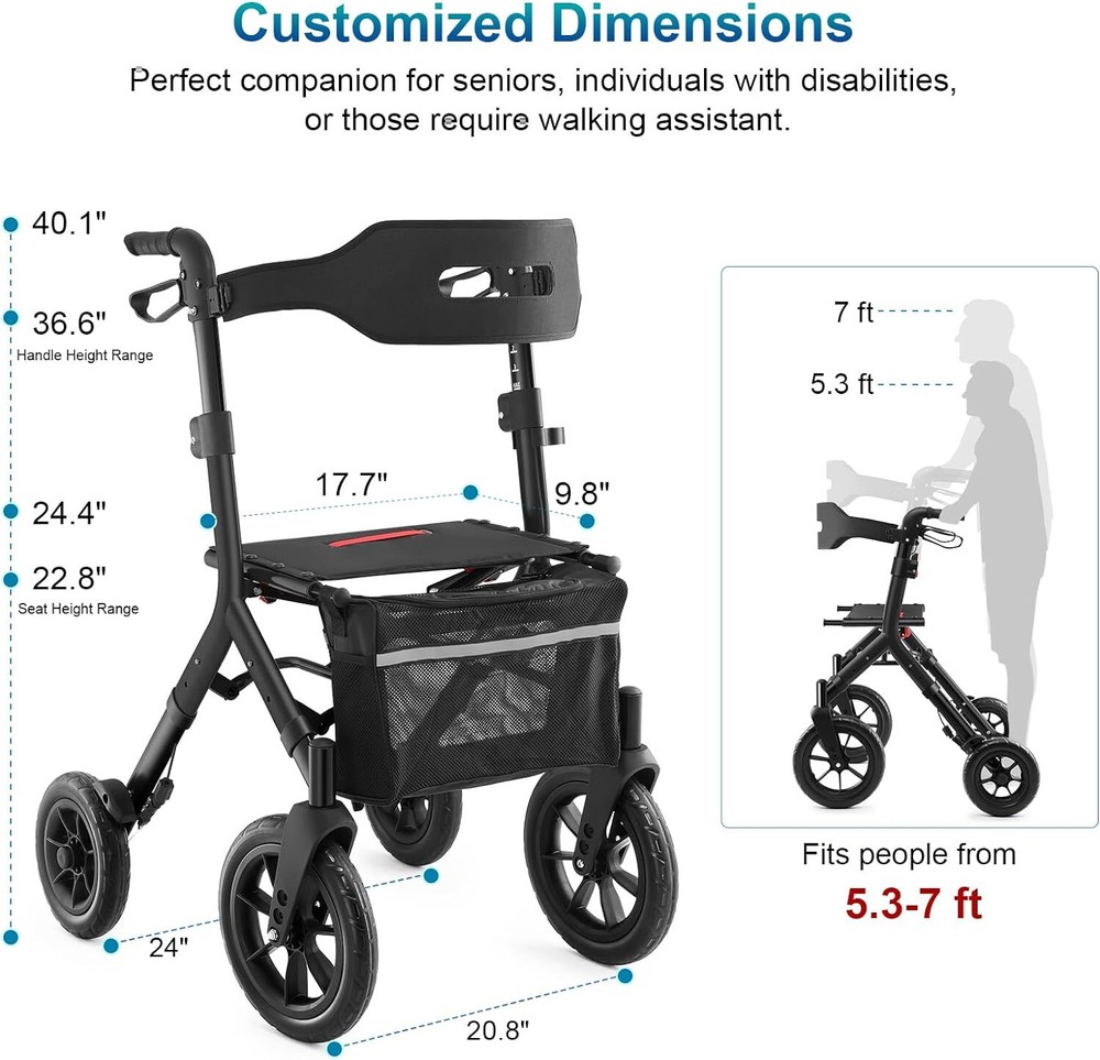 12" Rubber Wheels All-Terrain Rollator Walker w/Seat Backrest Folding Adjustable