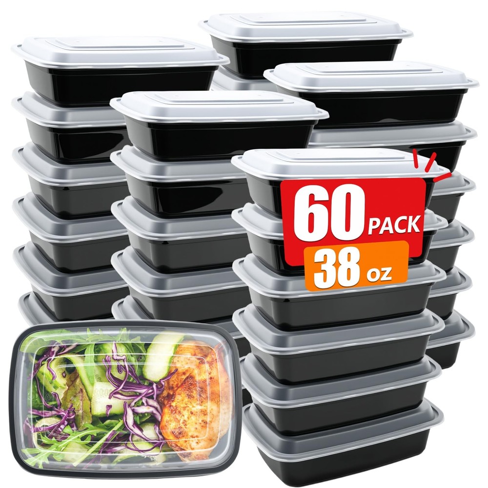 60 Pack Meal Prep Containers 38 oz Food Storage with Lids Stackable Reusable