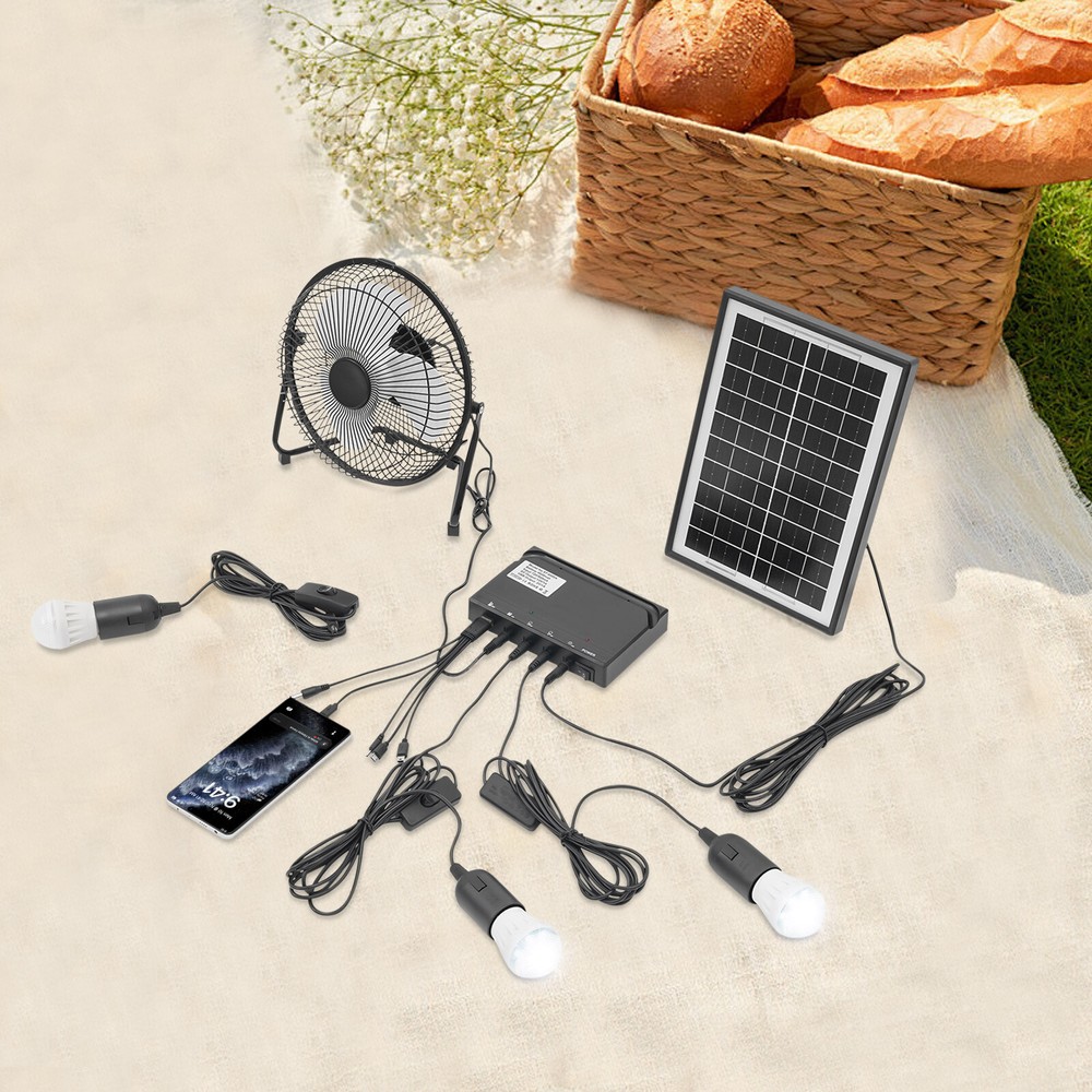 Solar Power Panel Kit Outdoor Camping USB Charging System W/ LED Light & 8" Fan