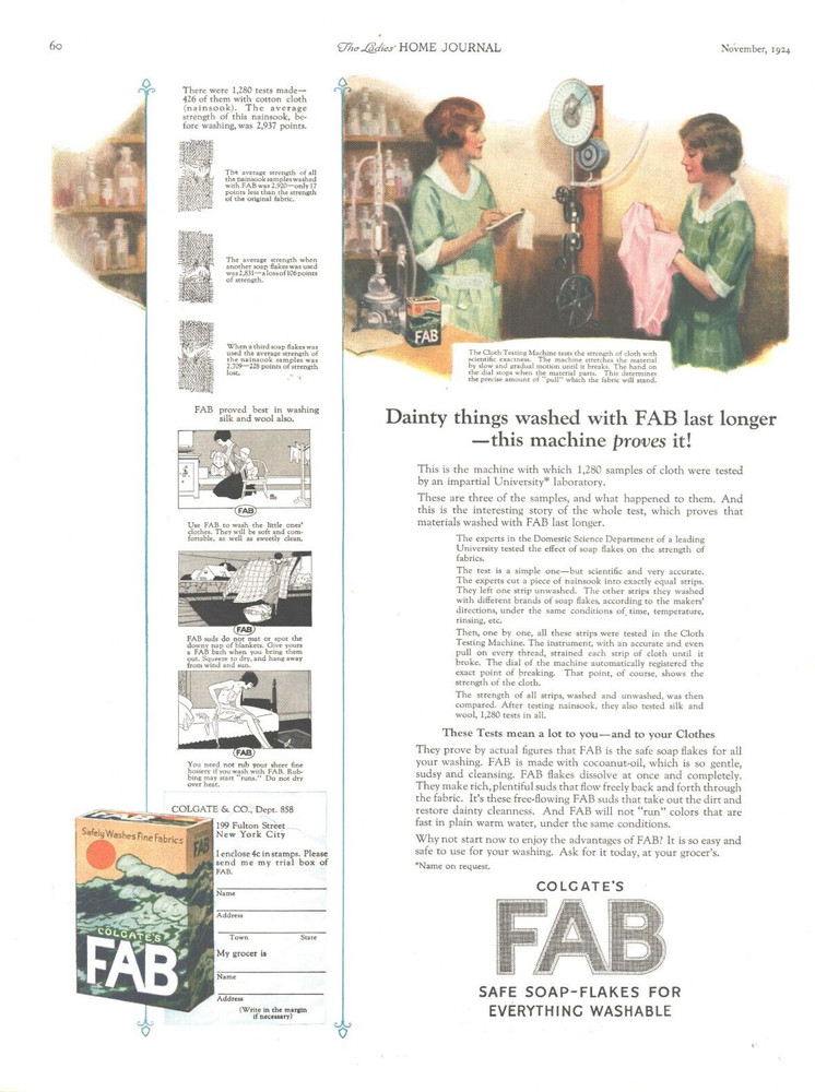 1924 FAB Laundry Detergent Vintage Print Ad Cloth Testing Machine Housewives