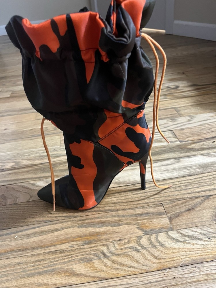 Camouflage Orange Black Drawstring Mid-Calf Stiletto Bootie Pointed Toe