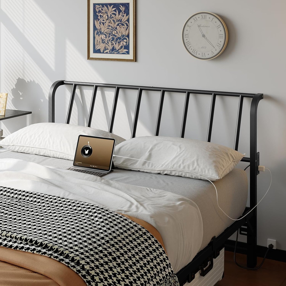 Queen Size Headboard Only, Metal Headboard with 2 Power Strips, 95 Degrees Recli