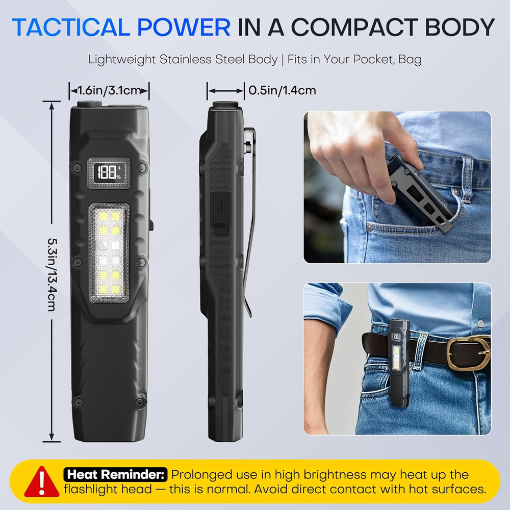 Tactical Flashlight Flat Flashlights Rechargeable Stainless Steel 8 Modes