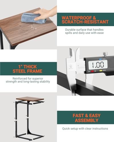 C-Shaped Side Table for Couch - 2-Pack Rustic Walnut Without Power Outlets