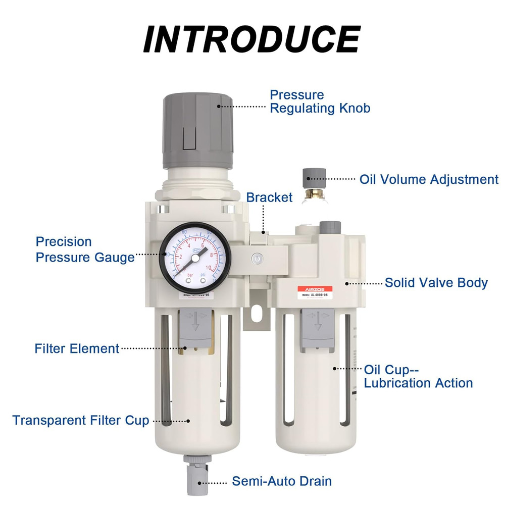 3/4" NPT Compressed Air Filter Regulator Lubricator Combo, Air Compressor Water