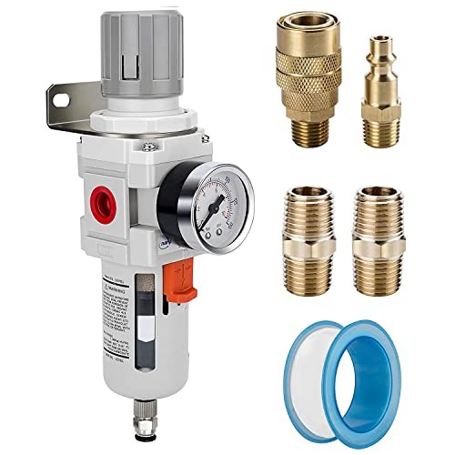 Compressed Air Filter Regulator 3/8" NPT Semi-Auto Drain, Metal Coupler&Plug