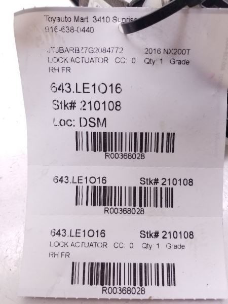 2016 LEXUS NX200T PASSENGER SIDE FRONT DOOR LOCK ACTUATOR ASSEMBLY