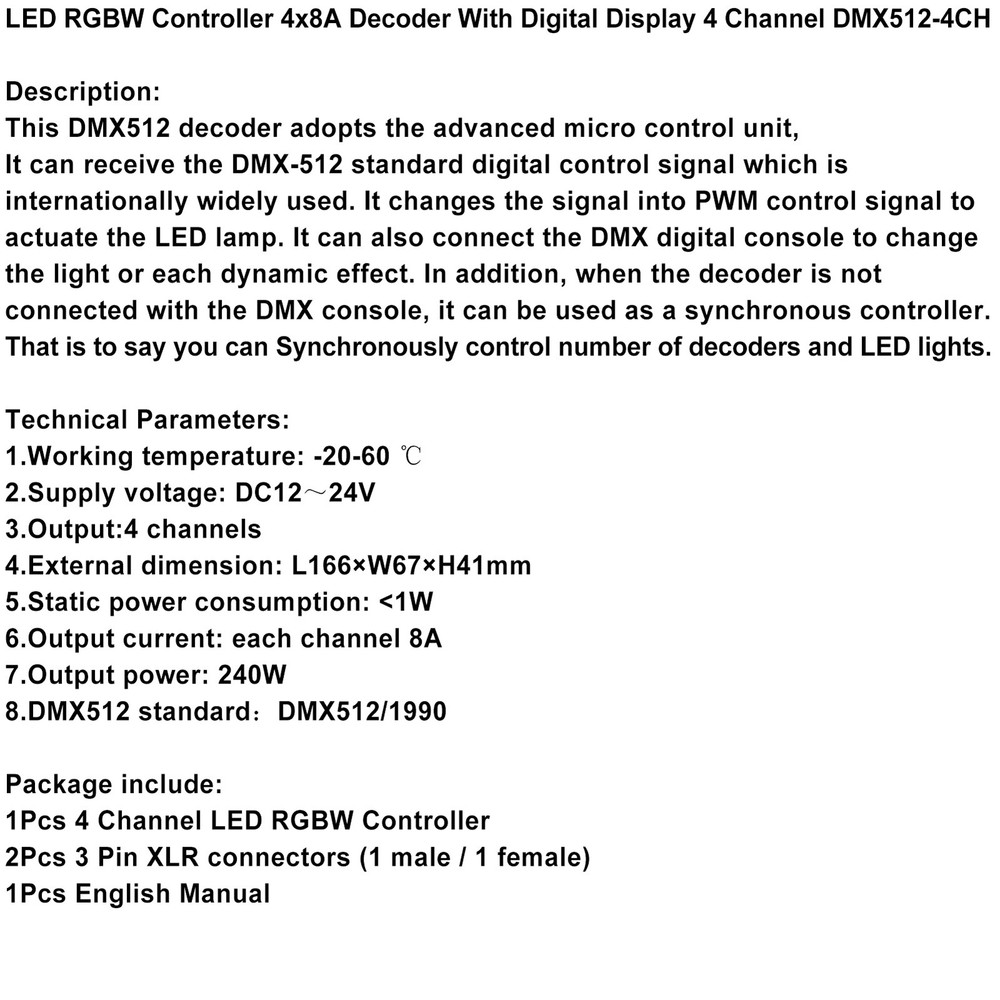 LED RGBW Controller 4x8A Decoder With Digital Display 4 Channel DMX512-4CH