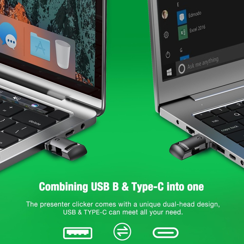 2-in-1 USB Type C Presentation Clicker Wireless Presenter Remote with Green L...