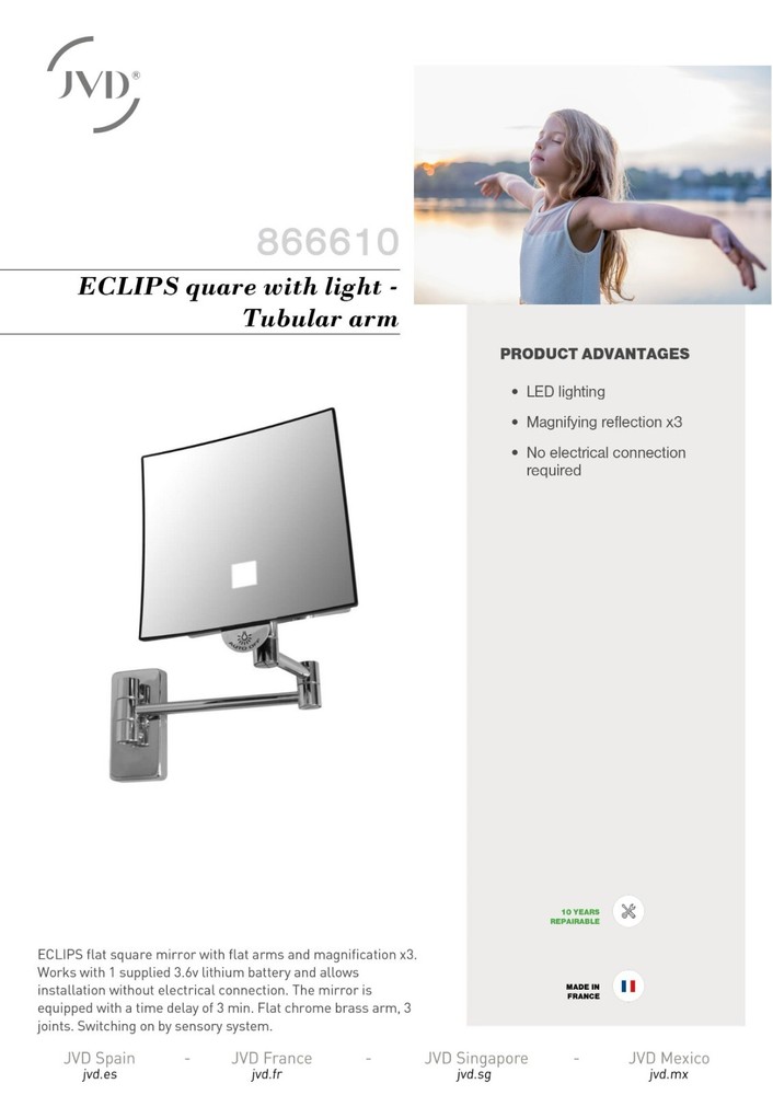ECLIPS Square Mirror with light - Tubular arm, Wall Mounted
