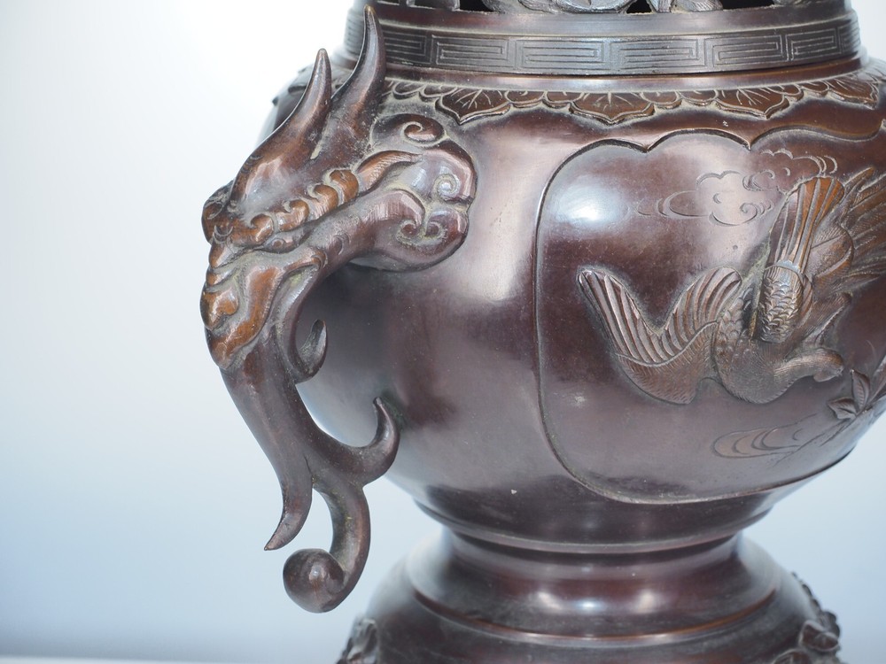 Large Antique Bronze Chinese incense burner censor, 21" tall signed