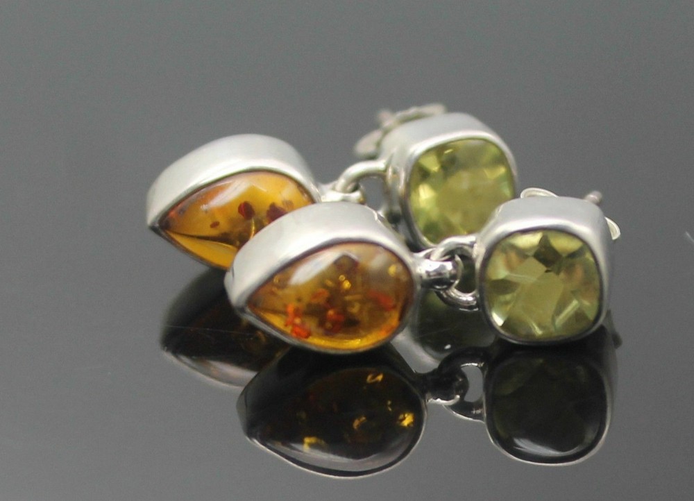 CHARMING CITRINE PEAR BALTIC AMBER STERLING SILVER DANGLE POST EARRINGS