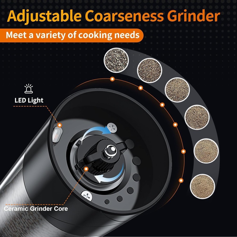 Versatile Electric Salt and Pepper Grinders with Adjustable Coarseness & Light