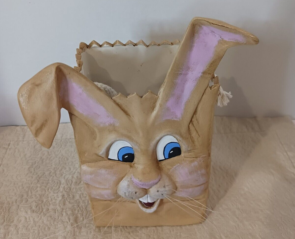 9" Ceramic Easter Bunny Bag Candy Basket w/Rope Handle & Whiskers