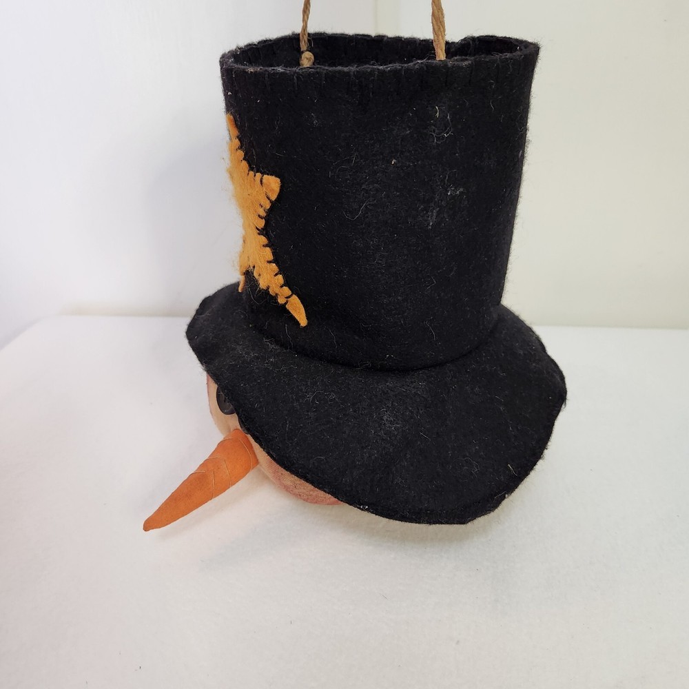 Handmade Stitched Primitive Look Fabric Snowman Head Hanging Open Hat Button Eye