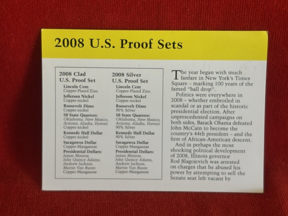 2008 US Proof Set Divider Card Yellow Border