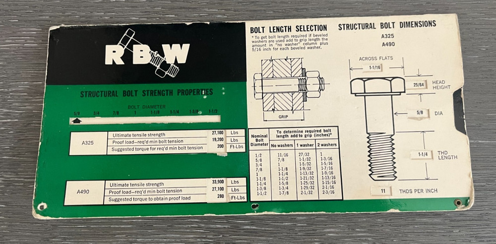 Vintage RB&W Structural Bolt Strength Properties Slide Rule
