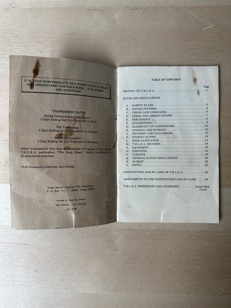 Texas Muzzle Loading Rifle Association TMLRA Rules Regulations First Print 1978
