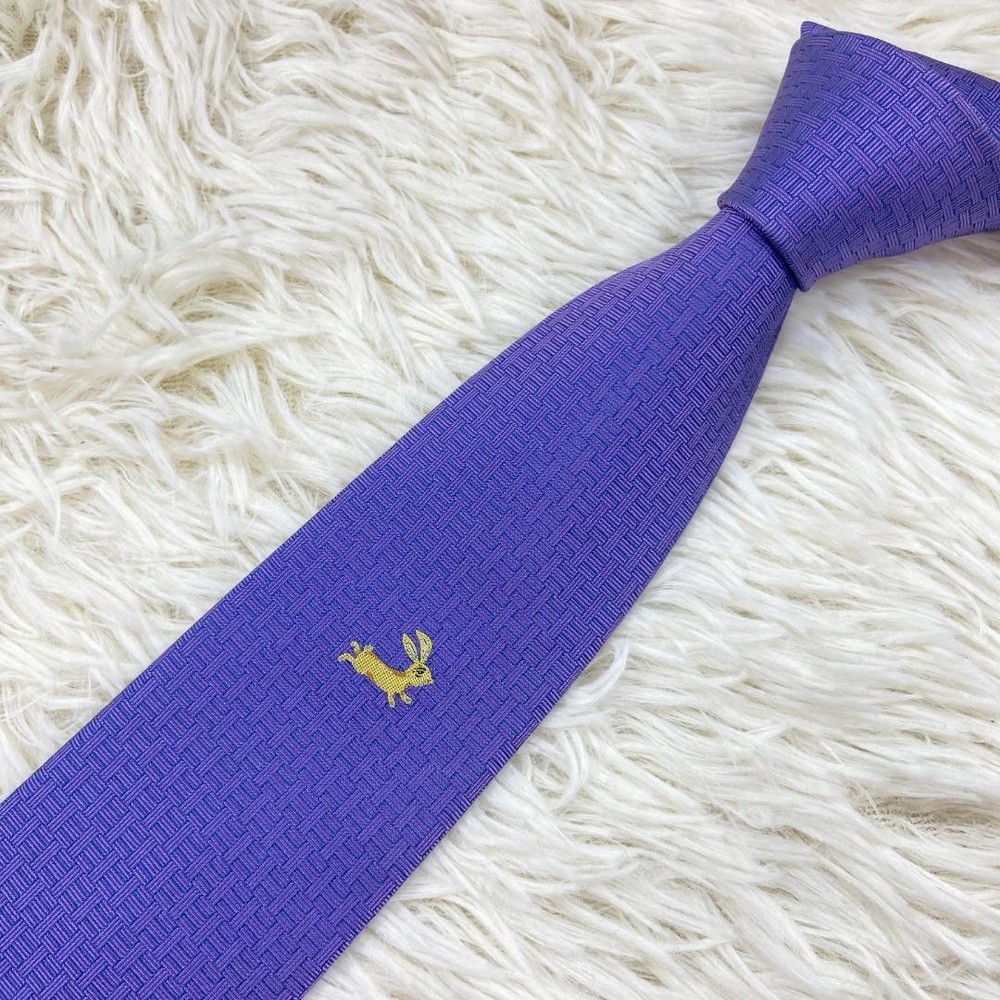 Hermes Purple Silk Tie H Pattern Rabbit Rare Near