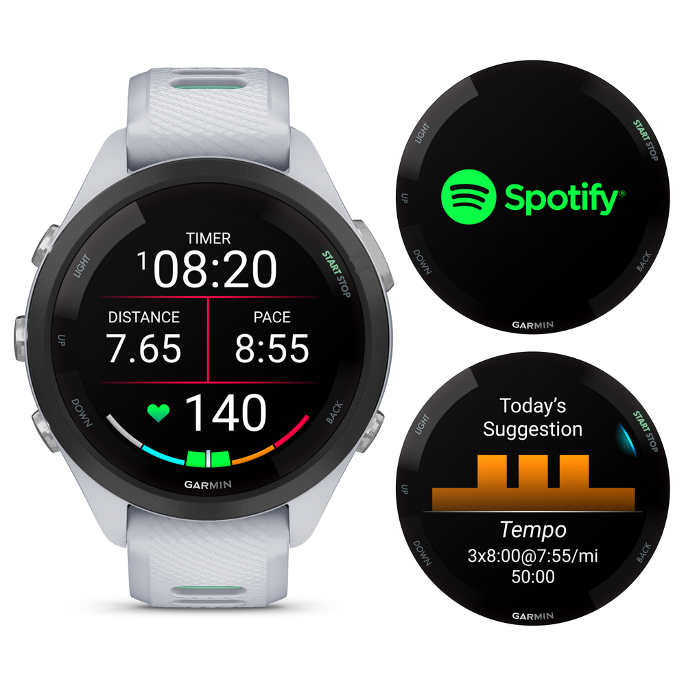 Garmin Forerunner 265S Running Smartwatch AMOLED Display White w/ Black EarBuds
