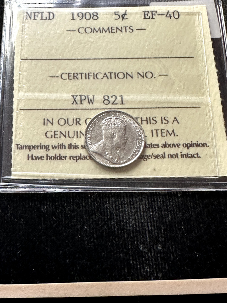 1908 ICCS Graded Newfoundland 5¢ **EF-40** Cert# XPW 821