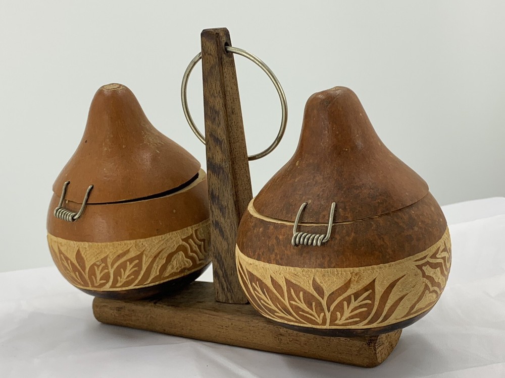 Natural Dried Gourd Storage Containers with Solid Wood Holder Decorated