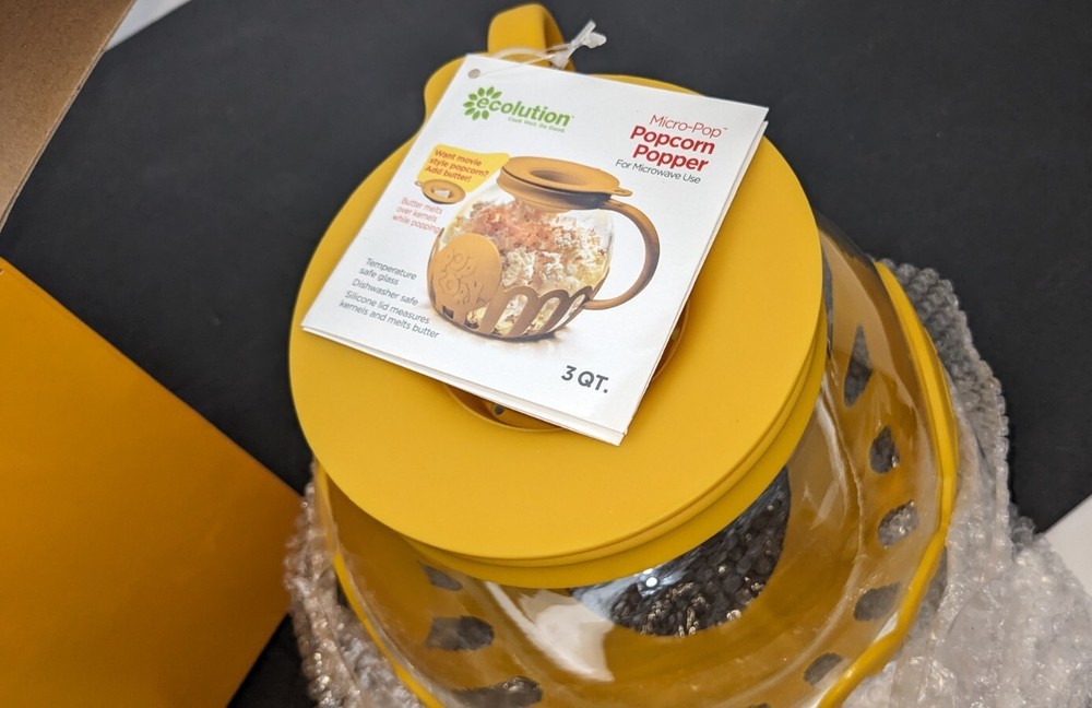 Ecolution Micro-Pop Microwave Popcorn Popper 3QT Temperature Safe Glass Yellow