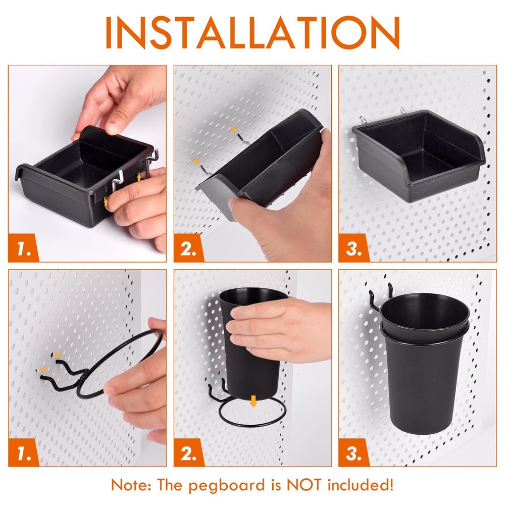 12 Pack Pegboard Bins PegBoard Cups with Hooks & Loops, Peg Board Hooks Assor...