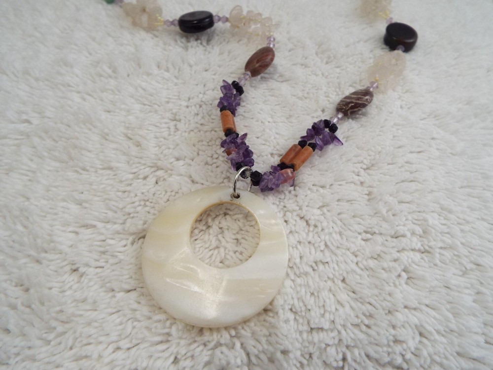 Amethyst Quart Jasper + Stone Shell Ring Pendant Necklace (J10)