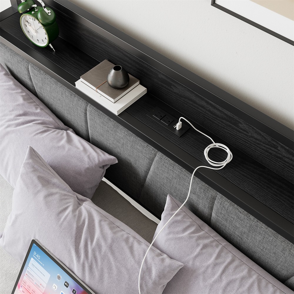 Queen Size Bed Frame Metal Platform Bed w/ Storage Headboard & Charging Station