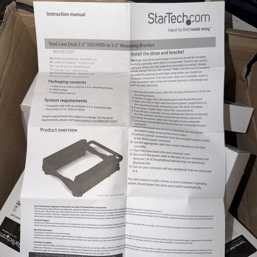 StarTech.com Dual 2.5" SSD/HDD Mounting Bracket for 3.5 Drive Bay - Tool-Less