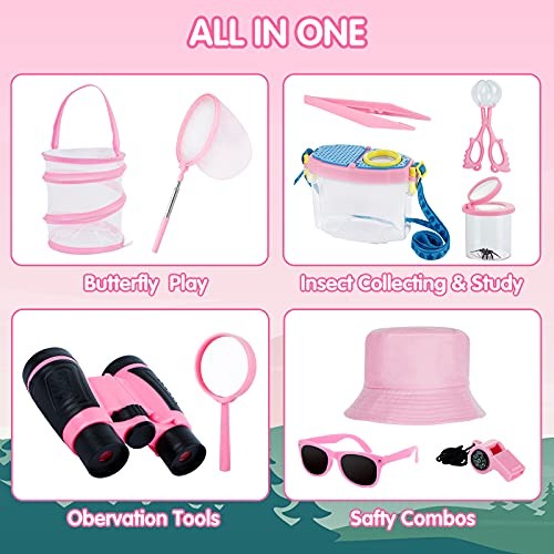 Bug Catcher Kit for Kids, Bug Catching Kit with Binoculars, Magnifying Pink