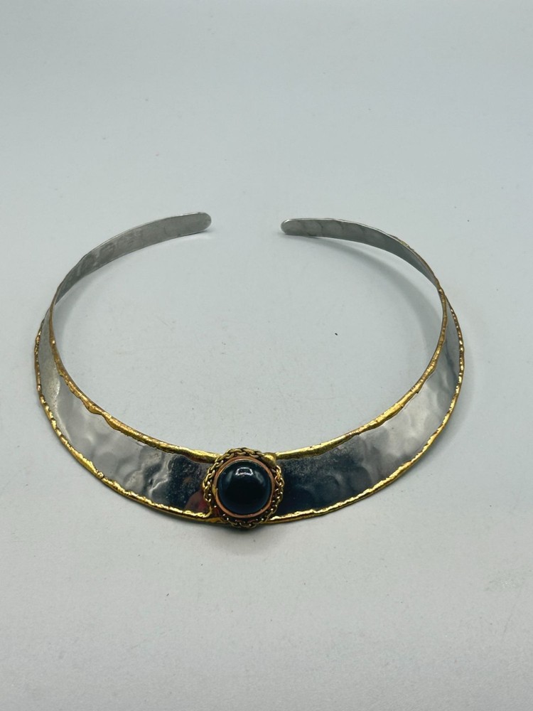 Mixed Metals Brutalist Choker Collar Necklace With Black Stone
