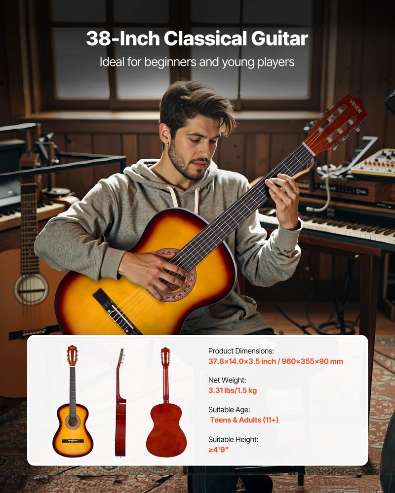 VEVOR Classical Guitar 38 in Guitar Beginner Starter Kit Nylon Strings Sunburst